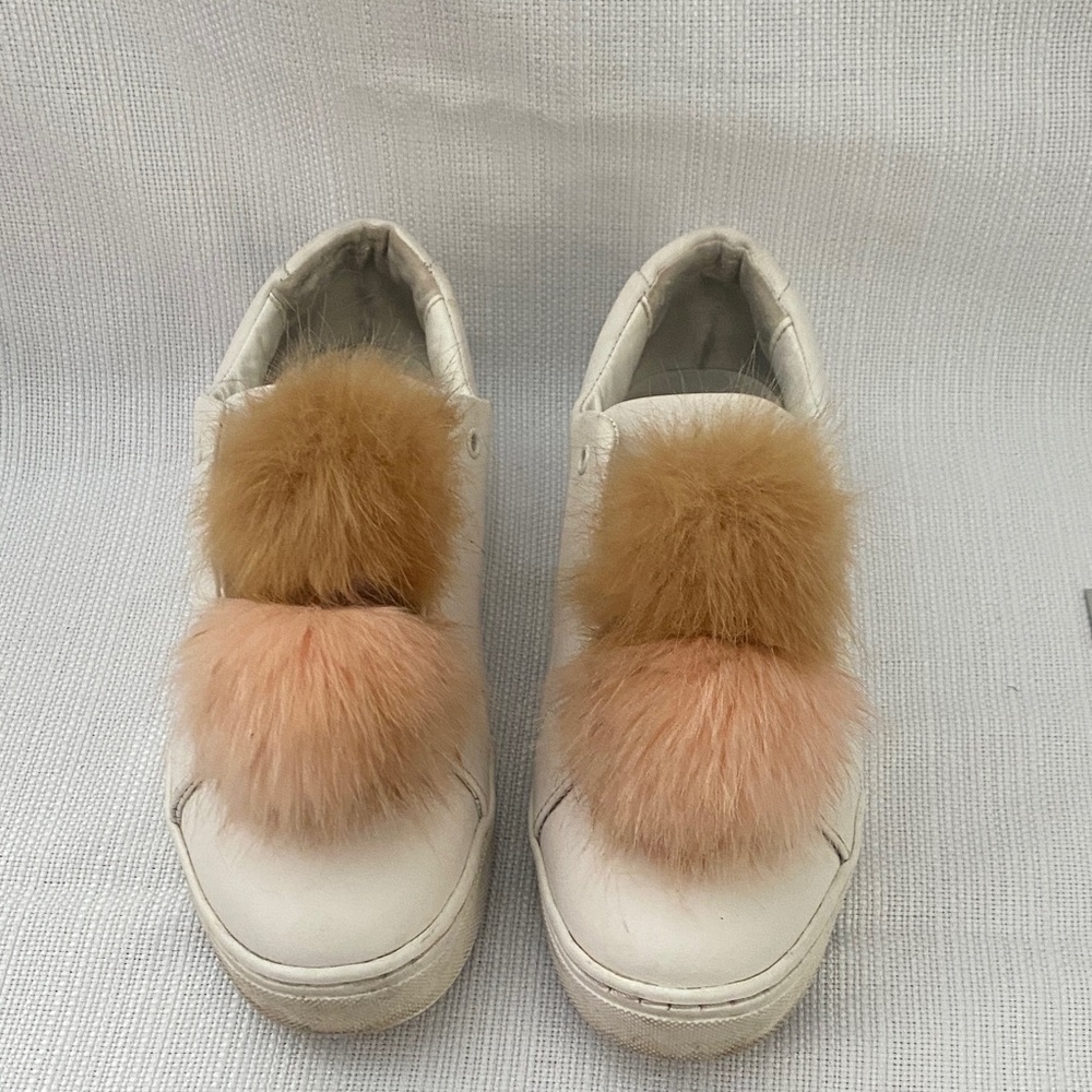 Sam Edelman White Sneakers with Tan and Pink faux Fur pompom